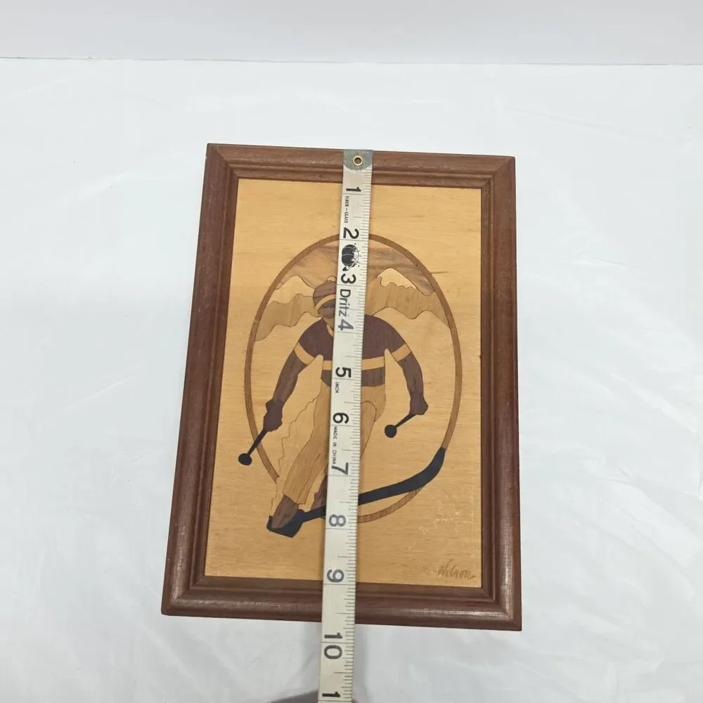 Vintage Marquetry Wood Inlay Snow Skier 6.75 X 9.75 Hudson River Signed NELSON